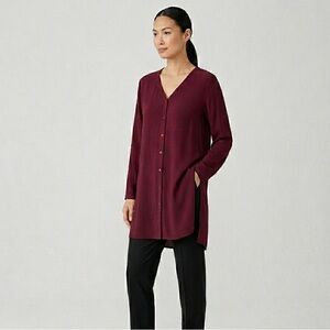 Vintage Eileen Fisher Burgundy Tunic Top Size M Lagenlook Button Down Minimalist